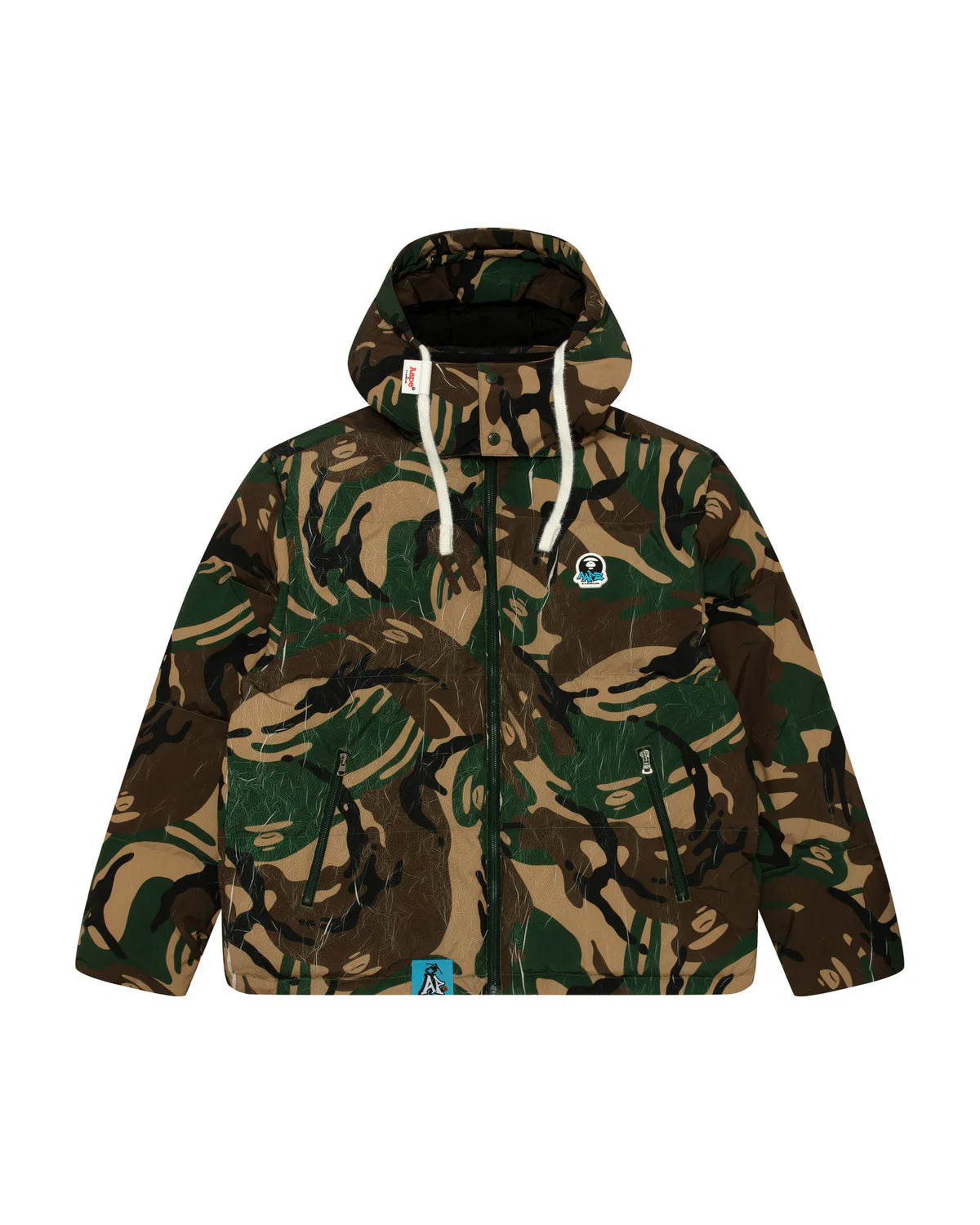 Moonface logo camo hooded puffer jacket