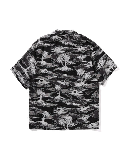 Palm Tree Camo Open Collar Pocket Ss Shirt