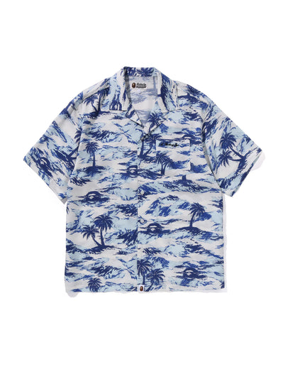 Palm Tree Camo Open Collar Pocket Ss Shirt