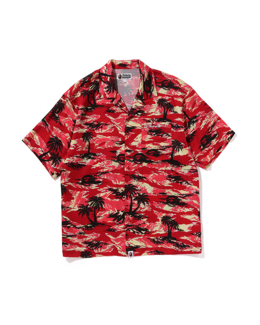 Palm Tree Camo Open Collar Pocket Ss Shirt