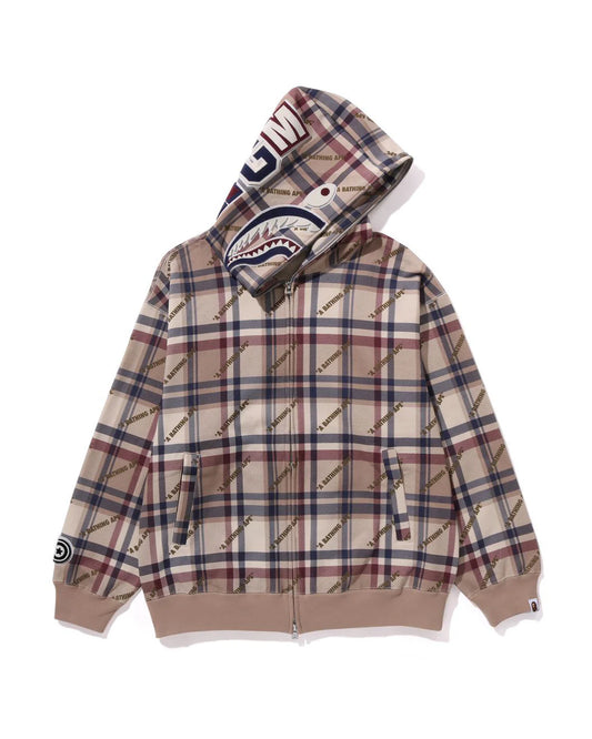 A Bathing Ape Logo Check Pattern Shark Full Zip Hoodie