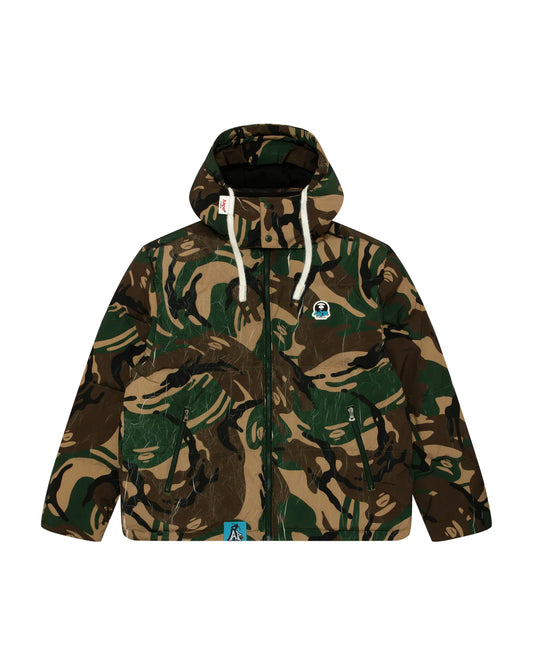 Moonface logo camo hooded puffer jacket
