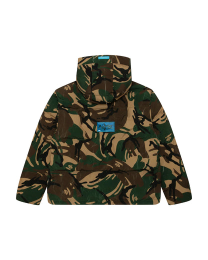 Moonface logo camo hooded puffer jacket