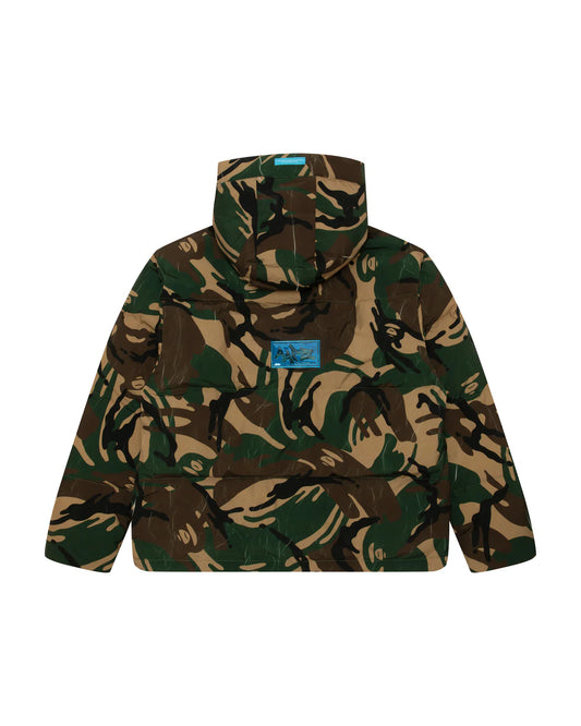Moonface logo camo hooded puffer jacket