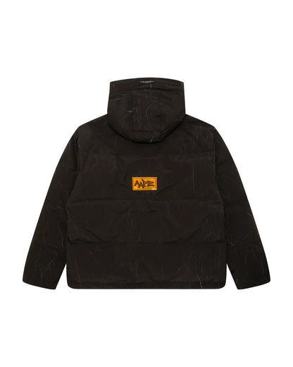 Moonface logo camo hooded puffer jacket