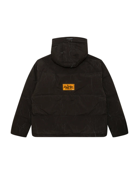 Moonface logo camo hooded puffer jacket