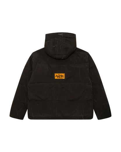 Moonface logo camo hooded puffer jacket