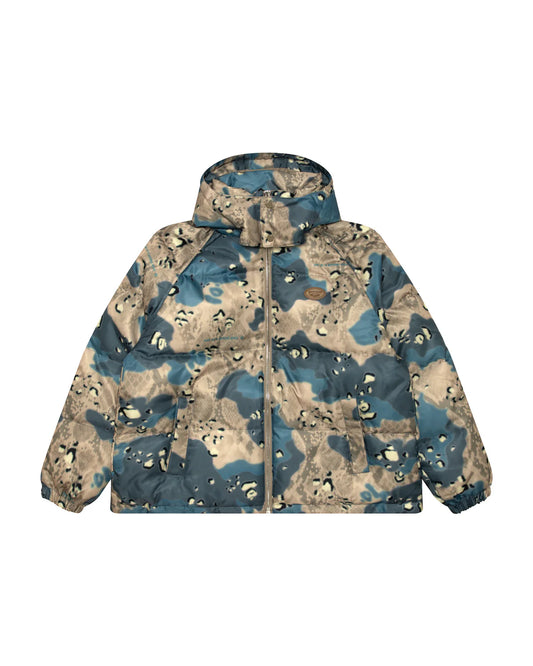 Moonface logo camo puffer jacket
