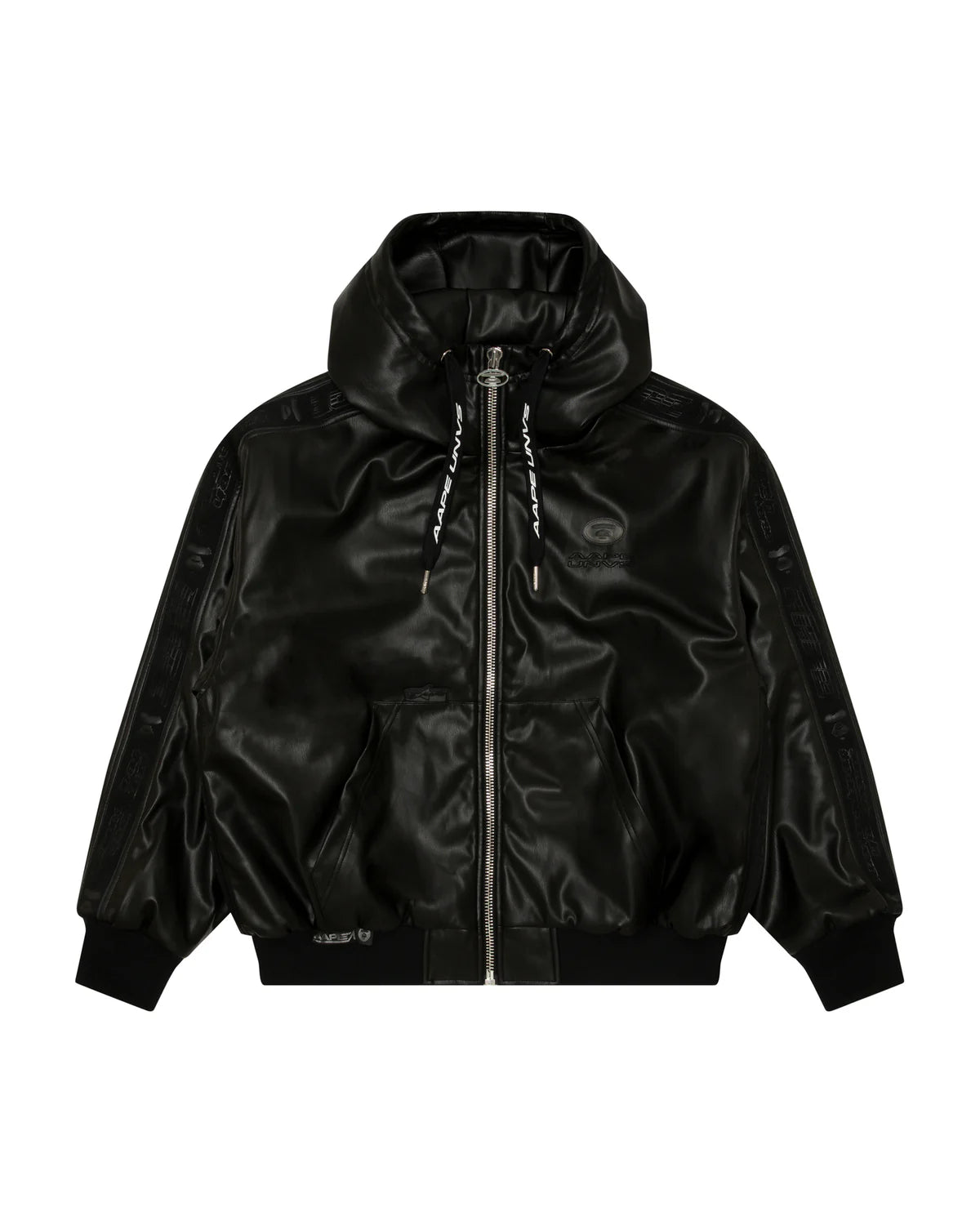 Moonface logo faux leather hooded jacket