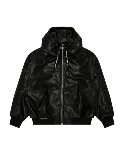 Moonface logo faux leather hooded jacket