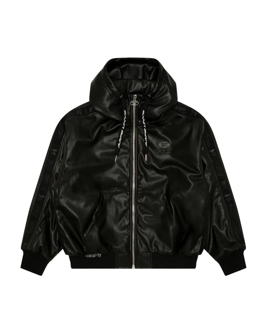 Moonface logo faux leather hooded jacket