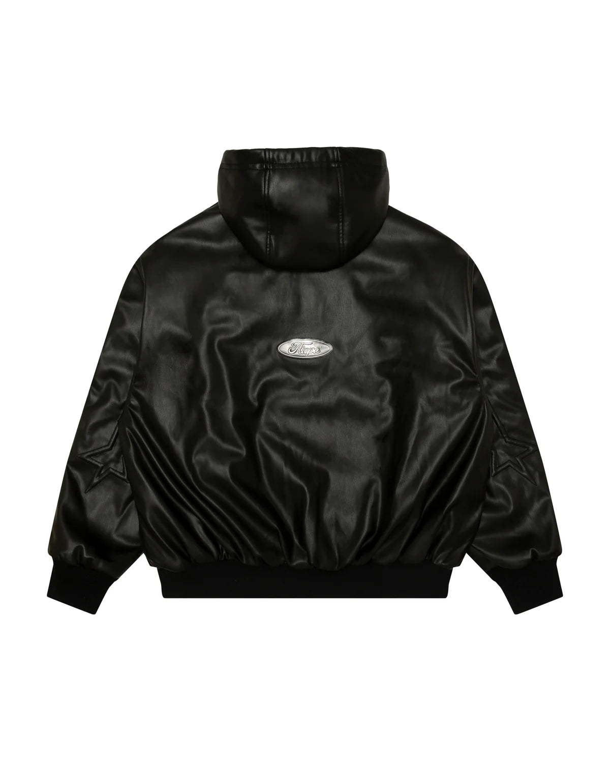 Moonface logo faux leather hooded jacket