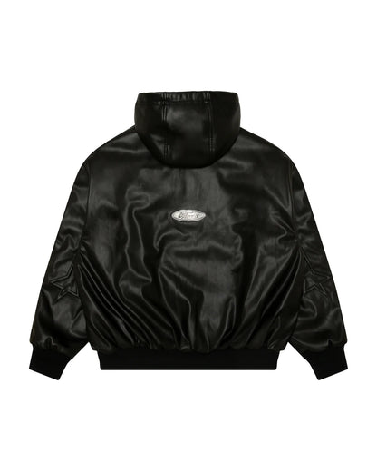 Moonface logo faux leather hooded jacket