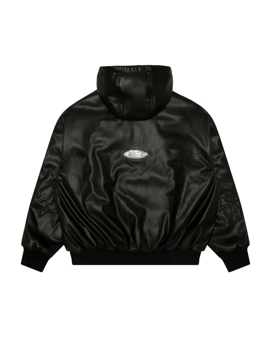 Moonface logo faux leather hooded jacket