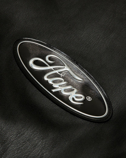 Moonface logo faux leather hooded jacket