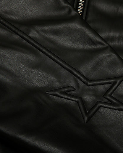 Moonface logo faux leather hooded jacket