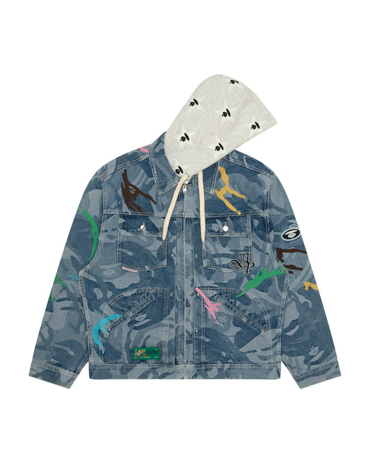 Moonface logo camo hooded denim jacket