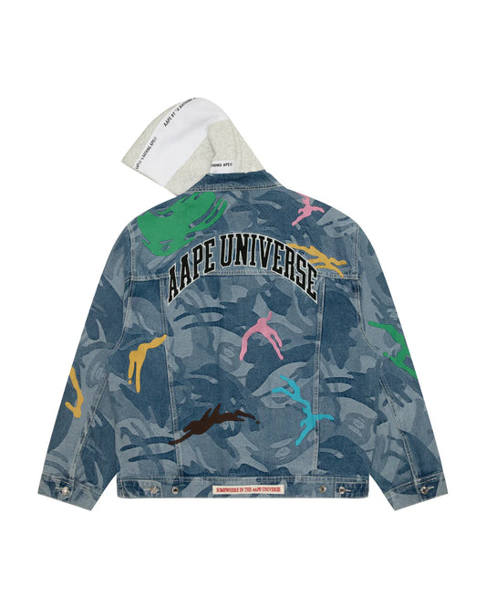 Moonface logo camo hooded denim jacket