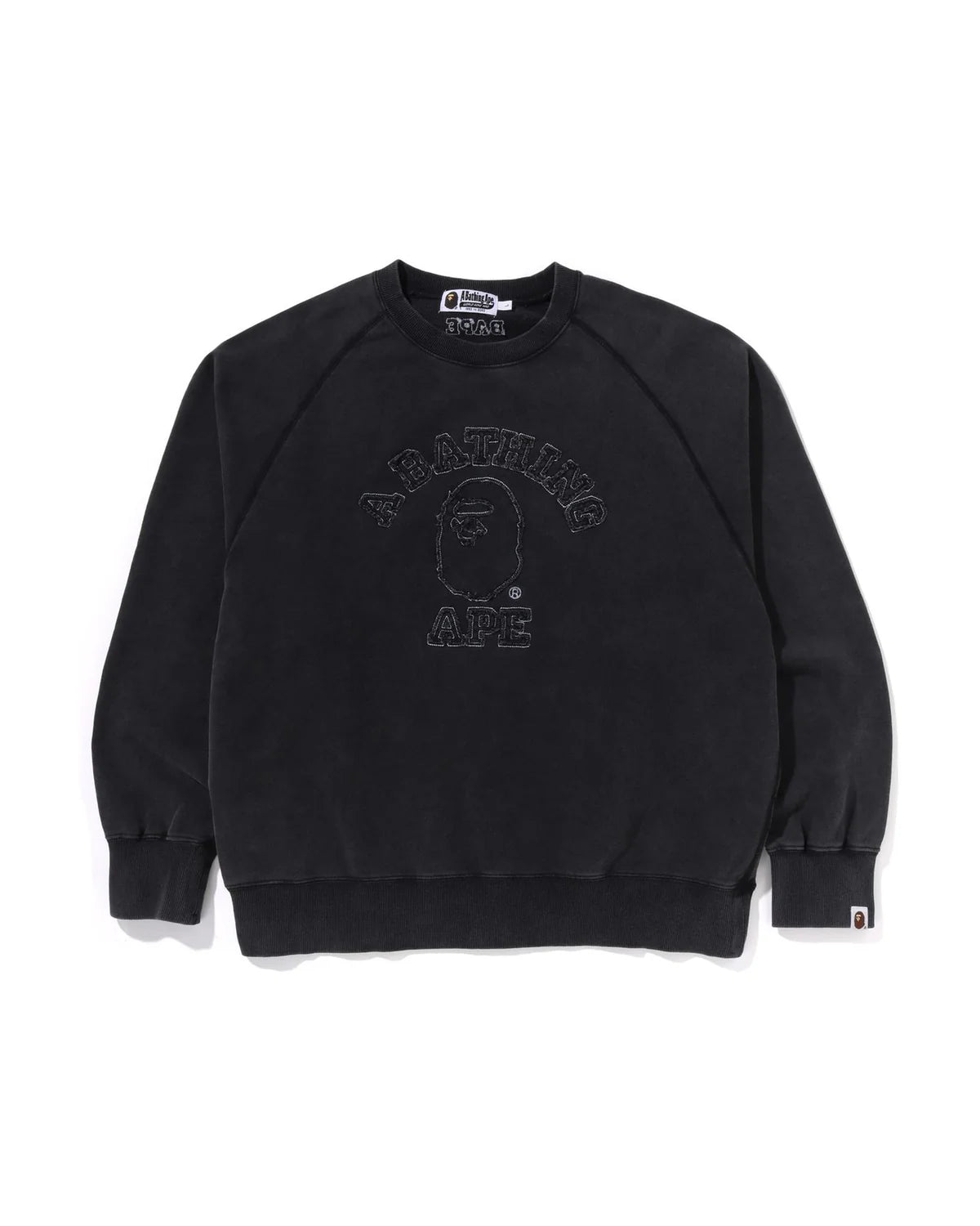 Washed Effect College Patch Relaxed Fit Crewneck Sweat