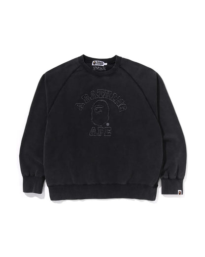 Washed Effect College Patch Relaxed Fit Crewneck Sweat