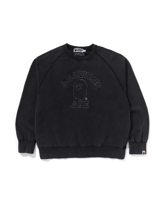 Washed Effect College Patch Relaxed Fit Crewneck Sweat